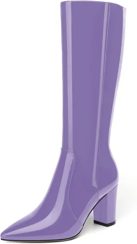 Vista 127 de AMBELIGHT Botas altas hasta la rodilla con cremallera y puntera puntiaguda para mujer, de patente sólida, tacón alto, 3.3 pulgadas