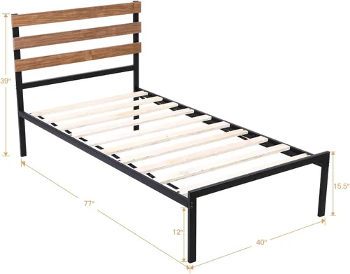 Vista 2 de KOMFOTT Base de cama de metal de tamaño individual con cabecero de madera y tablillas, base de colchón de plataforma de hierro de alta gama de 15.5