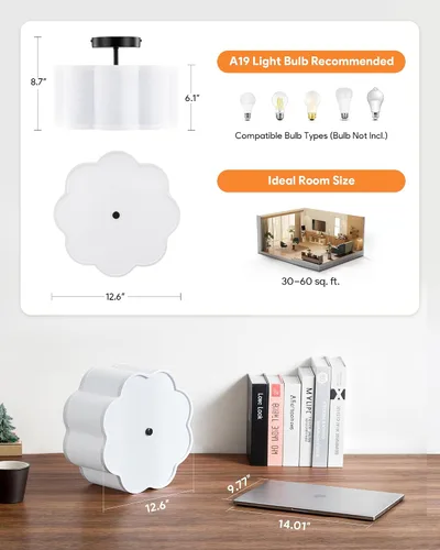 Vista 3 de VONLUCE Lámpara de techo semiempotrada de 12.6 pulgadas, moderna lámpara de techo de 3 luces con pantalla en forma de pétalos blancos, 3 enchufes