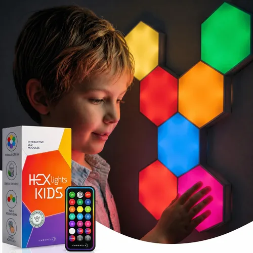 Vista 8 de Emberela HEXlights - Luces Sensoriales para Niños, Paquete de 3 Luces Hexagonales Táctiles, Control Remoto, Paneles LED de Pared Amigables