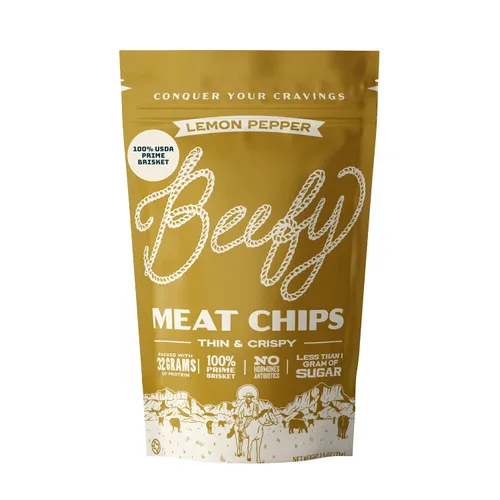 Vista 20 de BEEFY Meat Chips - Mostaza Miel - 2.5oz. 100% Prime Brisket. 13g de proteína por onza.