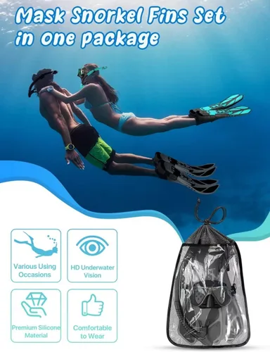 Vista 6 de Juego de Máscara y Aletas de Esnórquel, Equipo de Esnórquel para Adultos, Máscara de Esnórquel con Vista Panorámica Anti-Vaho, Aletas de Buceo