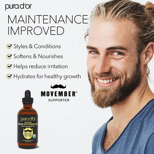 Vista 2 de PURA D'OR Aceite Suavizante para Barba Orgánico de 4 Oz - Aroma Original de Sándalo - Acondicionador que no se enjuaga, Aceite de Argán y Jojoba