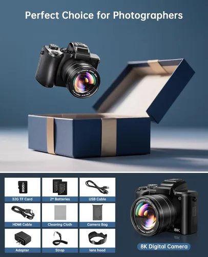 Vista 14 de Cámaras digitales 8K para enfoque automático de fotografía, actualización 2026 88MP WiFi profesional 16X Zoom cámara de fotografía con doble lente