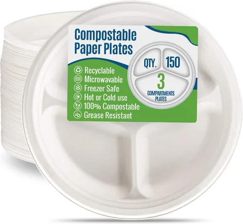 Vista 7 de Platos de papel blanco, 7 pulgadas, 150 unidades, fibra de caña de azúcar de grado alimenticio, compostable y biodegradable, para microondas