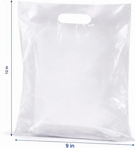 Vista 2 de 100 bolsas de plástico transparente para mercancías con asas, 9 x 12 pulgadas, 1.25 mil de grosor, bolsa de compras al por menor brillante