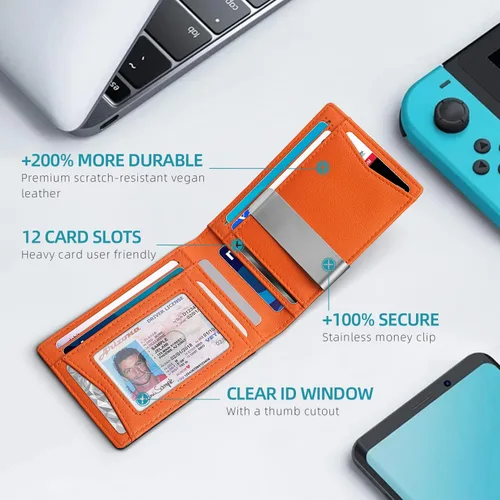 Vista 31 de Zitahli - Carteras delgadas con clip para dinero para hombre, tarjetero minimalista, de cuero, plegable, con bloqueo RFID, cartera de bolsillo