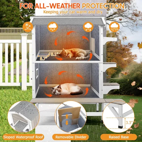 Vista 4 de PetsCosset Casa Aislada para Gatos de Exterior Resistente a la Intemperie con Balcón, Aislamiento Integral, Refugio de Madera para Gatos Ferales
