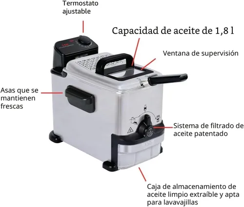 Vista 7 de T-fal Compact EZ Clean - Freidora profunda de acero inoxidable con cesta para uso doméstico, aceite de 1.8 litros y capacidad de alimentos de 1.7