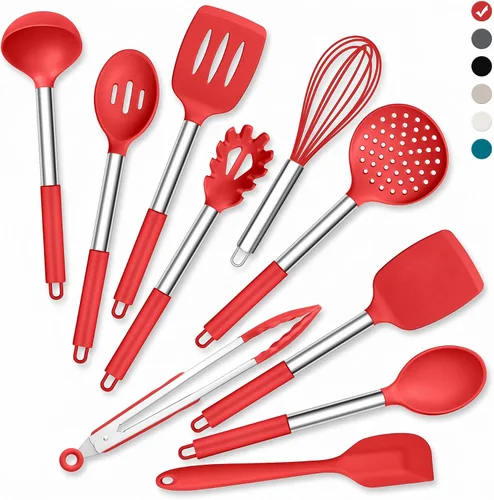 Vista 10 de Onader Juego de 10 utensilios de cocina de silicona, con soporte y mango de acero inoxidable resistente al calor para utensilios de cocina Negro