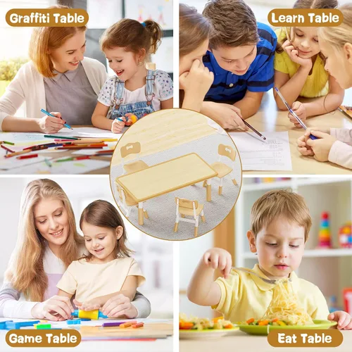 Vista 7 de Set de mesa y 4 sillas para niños Brelley, juego de mesa y sillas ajustables en altura para niños pequeños, escritorio con diseño de grafiti, patas