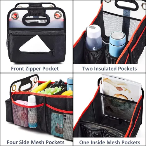 Vista 4 de COVAX Organizador de maletero de automóvil, almacenamiento plegable para asiento trasero con soporte aislado para bebidas, organizador de asiento