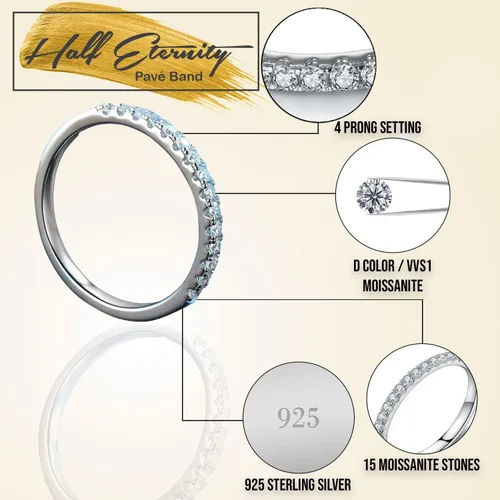 Vista 4 de Anillo redondo de moissanita con pavé de media eternidad para mujer, de 0.33 quilates, plata de ley 925, rodio