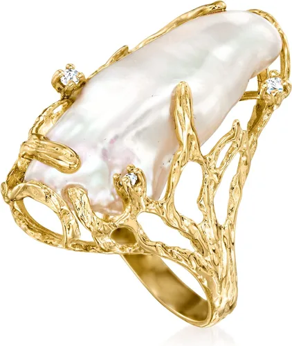 Vista 4 de Ross-Simons Anillo de perlas barrocas cultivadas de 0.394 x 0.945in con detalles de diamantes en oro amarillo de 14 quilates, Perla, multi