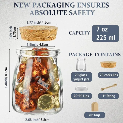 Vista 4 de Folinstall Tarros de vidrio pequeños de 7 onzas con tapas de corcho, paquete de 20 recipientes de yogur con tapas de polietileno para dulces