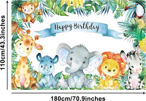 Vista 4 de Renaiss Cartel de feliz cumpleaños de 6 x 3.6 pies, decoración de fiesta infantil de animales salvajes de safari, selva tropical, decoración