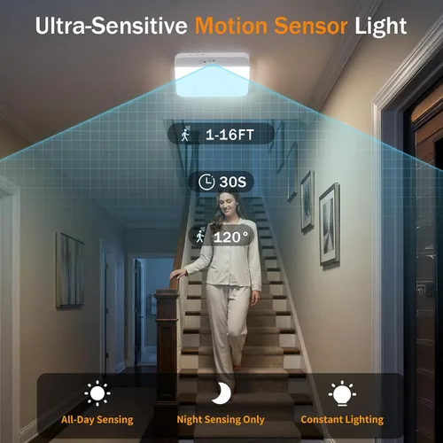 Vista 2 de NARUNDREN Lámpara de techo recargable con sensor de movimiento con control remoto, luces de techo inalámbricas que funcionan con baterías, luz