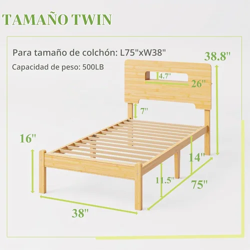 Vista 2 de ZIYOO Marco de cama de madera de bambú maciza tamaño individual con cabecera de almacenamiento, marco de cama plataforma de 14 pulgadas