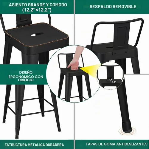 Vista 5 de WENTMENT Juego de 4 taburetes de bar de metal, altura de mostrador, color negro, con respaldo extraíble de 24 pulgadas, taburetes de bar de cocina