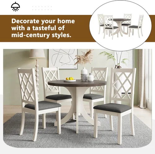 Vista 5 de Mid-Century - Juego de mesa de comedor redonda de 5 piezas de madera maciza, moderno juego de mesa de comedor para 4, mesa de comedor redonda de 42