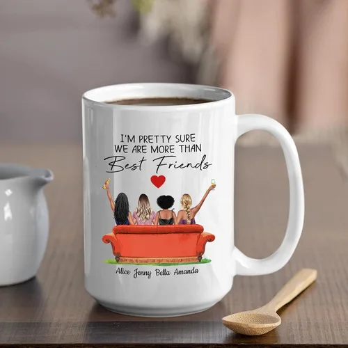 Vista 5 de Taza de café personalizada para mejor amiga para mujeres, taza de regalo personalizada de cuatro hermanas, nombres personalizados para mejores