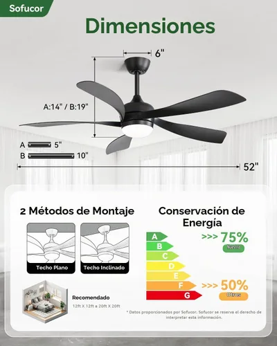 Vista 8 de Sofucor Ventilador de techo moderno inteligente de 52 pulgadas con luz para Negro
