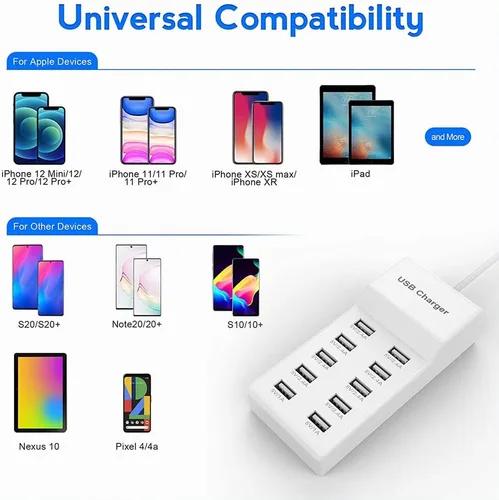 Vista 4 de Estación de carga de pared USB de 10 puertos con carga rápida, tecnología de detección automática, seguridad garantizada, puertos USB