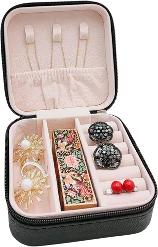 Vista 5 de Mini estuche de viaje para joyas, pequeña caja organizadora de joyas portátil, caja de almacenamiento portátil para anillos, aretes, collares