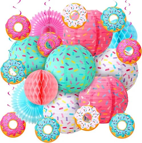 Vista 6 de Hortsun 19 piezas de decoración de fiesta de cumpleaños con forma de dona, faroles colgantes con temática de donas, decoración de papel