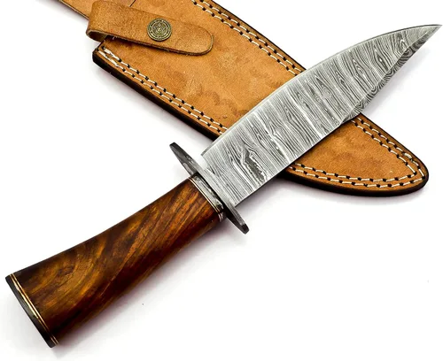 Vista 3 de Nooraki BK-348 Cuchillo Bowie hecho a mano de acero de Damasco con funda de cuero, cuchillo multiusos, mango de palisandro con protector de damasco