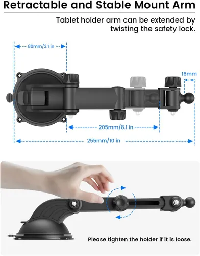 Vista 8 de OHLPRO Soporte para tablet de automóvil con ventosa para tablero y parabrisas, abrazadera ajustable de rotación de 360° con brazo telescópico
