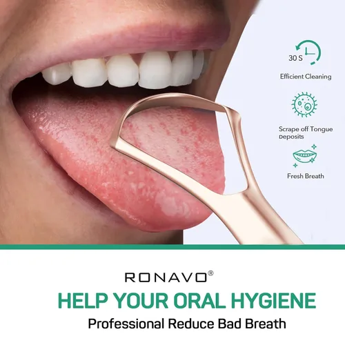 Vista 3 de RONAVO Raspador de lengua para adultos, raspador de lengua para mujeres, limpiador de lengua de metal con estuche de viaje para cuidado bucal