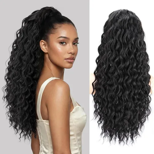 Vista 27 de FREEMEIGE Extensión de cola de caballo, cola de caballo rizada ondulada de 8 pulgadas para mujeres negras, corto, suave, natural, sintético, grueso