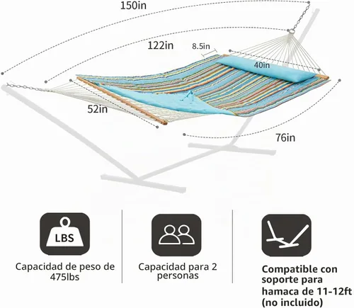 Vista 6 de CHULIM Hamaca doble para exteriores con barras de soporte de madera dura, gran hamaca de cuerda con almohada de poliéster y cojín, capacidad de 224