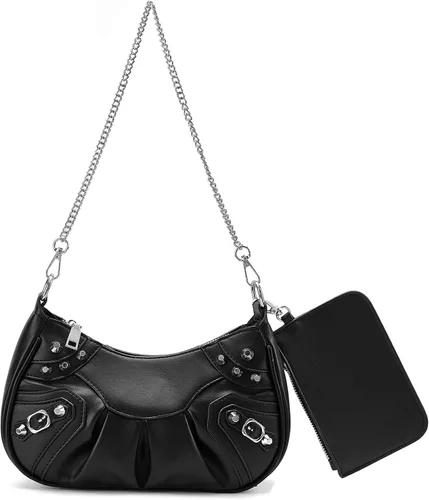 Vista 2 de Bolso de hombro pequeño para mujer, con cadena plateada, moneda extraíble, con cremallera, correa cruzada