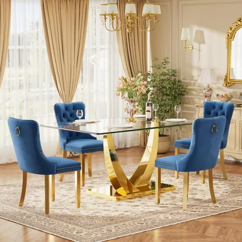 Vista 33 de Juego de mesa de comedor de cristal moderno de mediados de siglo para 4, 63 pulgadas, juego de comedor rectangular grande de lujo con parte superior