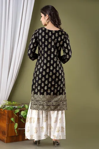 Vista 3 de Chandrakala Kurti Sharara - Conjunto de túnica de rayón para mujer, vestido de verano indio, (K163-P)