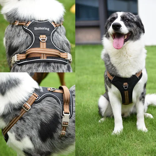 Vista 7 de Arnés negro para perro sin tirones con 2 clips para correa, acolchado suave ajustable, chaleco reflectante Oxford sin estrangulamiento para mascotas