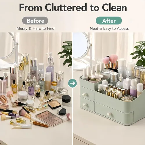 Vista 6 de Organizador de maquillaje para tocador, organizador grande de encimera con cajones, almacenamiento de cosméticos para el cuidado de la piel