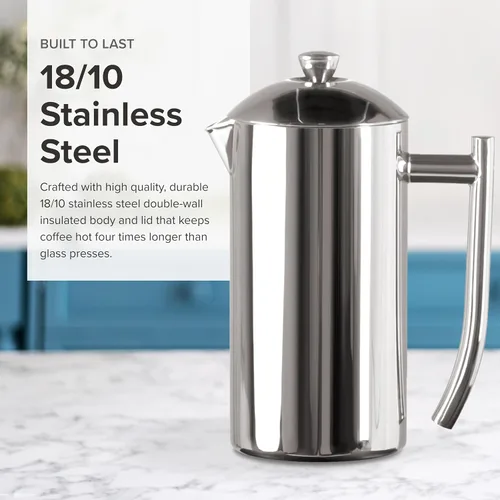 Vista 4 de Cafetera de prensa francesa Frieling - 23 oz, acero inoxidable de doble pared pulido - Prensa francesa aislada para acampar - Cafetera de café