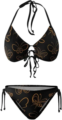 Vista 4 de Conjunto de bikini atrevido para mujeres y niñas, con relleno y cuello halter, trajes de baño con cordones