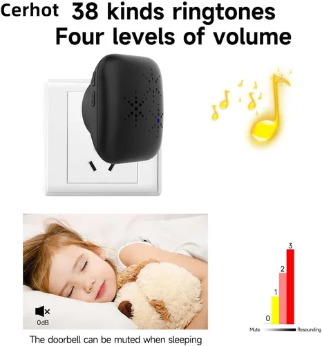 Vista 6 de Timbre inalámbrico autoalimentado con enchufe de EE. UU., sin batería, distancia de 38 canciones, timbre de puerta para exteriores, impermeable