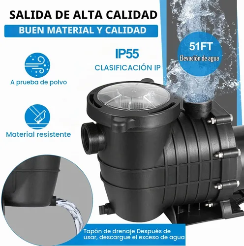 Vista 6 de TOPDEEP Bomba de piscina de 1.5 HP para enterrar, bomba de piscina autorecortable sobre el suelo, bombas de piscina de una sola velocidad de doble
