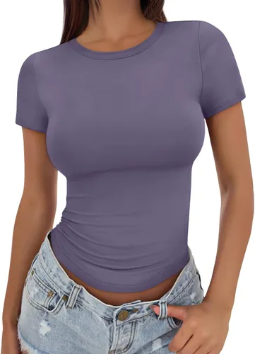 Vista 22 de Trendy Queen - Camisetas básicas para mujer, camisetas de verano, manga corta, ajustadas, linda ropa de entrenamiento para gimnasio