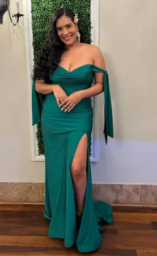 Vista 5 de Vestidos de baile de graduación con abertura, largo, de satén, con hombros descubiertos, vestido de noche formal de sirena para mujer, vestidos