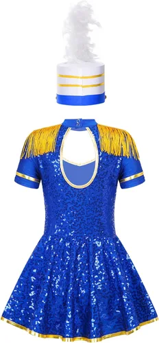 Vista 2 de MSemis Disfraz de Majorette de lentejuelas para niñas, con borlas, gorra de línea A, vestido de uniforme de maestro de anillos real