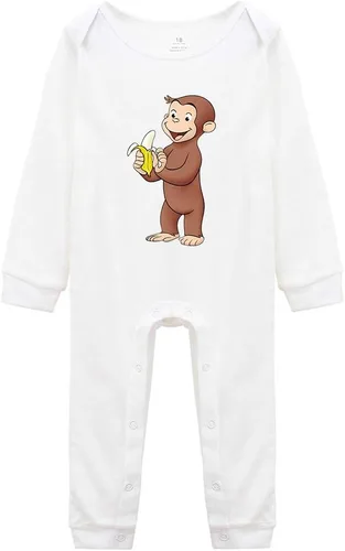 Vista 4 de Baby Cotton Rompers Curious Monkey Eat Banana Boy Girl Long Sleeve Jumpsuit Negro