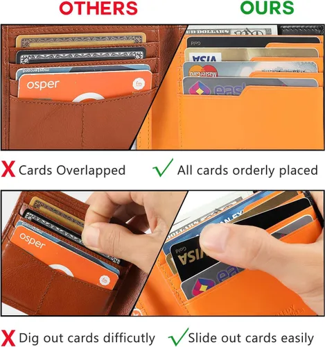 Vista 4 de Billeteras delgadas de piel de becerro para hombres con bloqueo RFID, bolsillo frontal de cuero, billetera minimalista plegable de fácil acceso