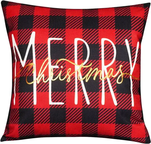 Vista 18 de ONWAY Funda de almohada de Navidad de 16 x 16 pulgadas, funda de almohada lumbar con texto en inglés "Merry Christmas", color rojo dorado