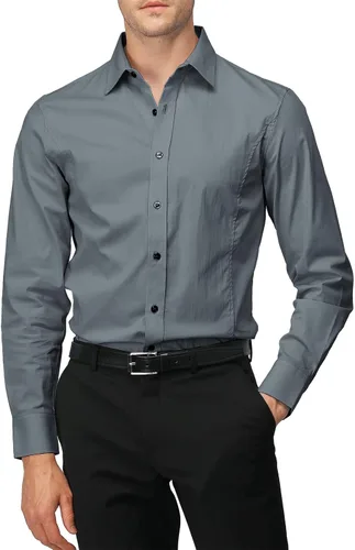 Vista 7 de H2H Camisas de vestir ajustadas para hombre, elásticas, de manga larga, básicas, formales, lisas, informales, para negocios, camisas con botones